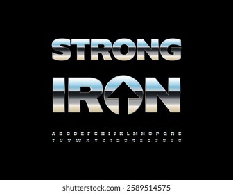 Vector Strong Iron Alphabet set. Glossy Silver Font. Stainless steel Letters and Numbers