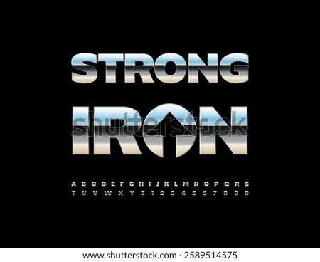 Vector Strong Iron Alphabet set. Glossy Silver Font. Stainless steel Letters and Numbers