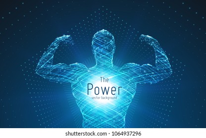 Vector strong man. Big biceps formed with swirl lines and glowing points. Strength, power, security concept. Vector wireframe arm science background. Athletic male figure.