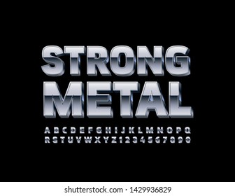 Vector Strong Metal 3D Font. Silver Uppercase Font. Reflective chrome Letters and Numbers