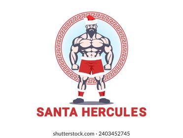 Vector strong powerful bodybuilder santa hercules. Red warm hat and shorts. Festive Christmas athlete. Logo or emblem. White isolated background.