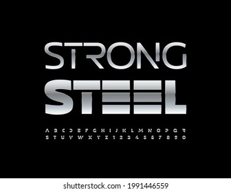 Vector Strong Steel Alphabet set. Techno style Font. Glossy Stainless steel Letters and Numbers  - Shutterstock ID 1991446559