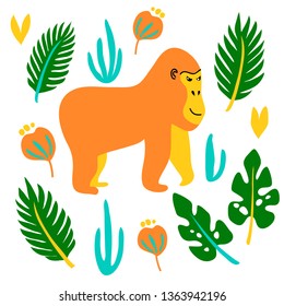 vector stronh gorilla monkey mammal wild animal plant flowers leaf childish cute illustration set