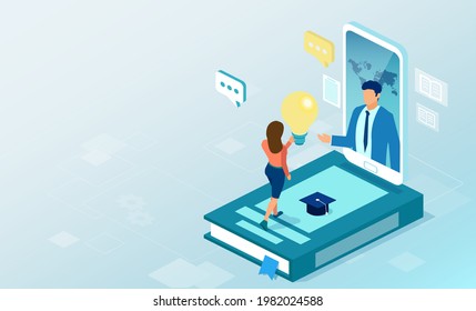 Vector of a student using online education app being advised by internet tutor 