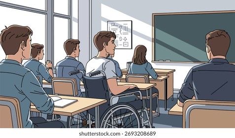 Vektor des Schülers im Rollstuhl Uhrenunterricht im Klassenzimmer