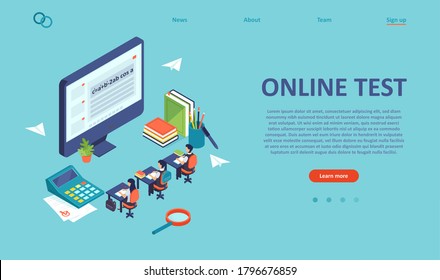 Vector of students solving finals using computer. Online testing, e-learning and remote education concept
