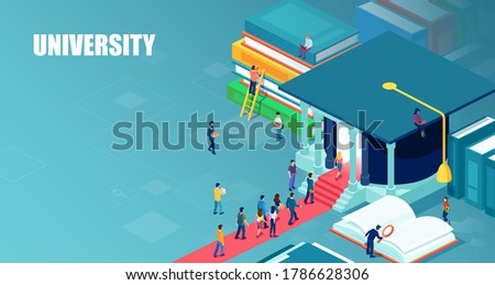 Vector of students standing in line to enter university in the form of graduation hat 