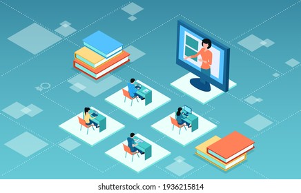 Vector of students and a teacher using online interactive platform for online education