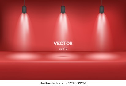 Vector studio room for presentation and display the content on a website in red color and spotlights. For advertising of product design. Stock Mockup.