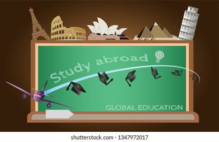 Vector of study abroad and global education concept with many of landmark and city. 