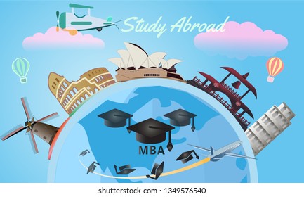 Vector of study abroad and global education concept with many of landmark and city. 