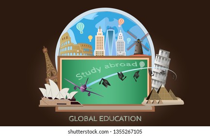 Vector of study abroad and global education concept with many of landmark and city. 