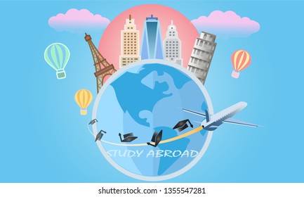 Vector of study abroad and global education concept with many of landmark and city. 