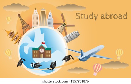 Vector of study abroad and global education concept with many of landmark and city. 