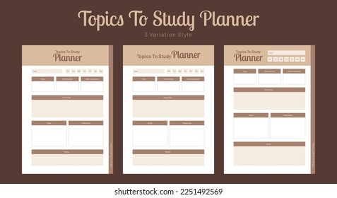 Vector study planner and topics to study journal logbook notebook interior design template