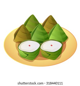 Vector of stuffed dough pyramid wrapped in banana leaf and Chinese pastry in the shape of a basket for make a sacrifice to gods.