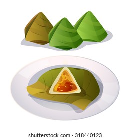 Vector of stuffed dough pyramid wrapped in banana leaf.