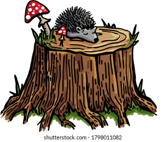 Vector stump in the forest with hedgehog and fly agarics