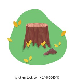 Vector stump surrounded with autumn leaves on green background