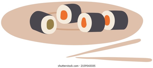 Vector style asian street fast food bar or shop, sushi, maki, onigiri salmon roll with chopsticks. Isolated minimalistic object. Traditional seafood japanese restaurant menu concept with rise and fish