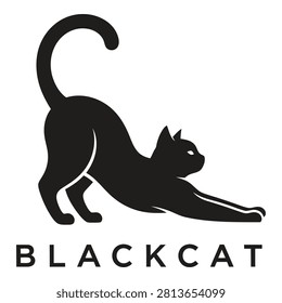 Vector style black cat silhouette stretching its front paws forward with a curved tail. Includes the text label BLACKCAT below the animal. Isolated on a clean white background. Suitable for logos, designs, and web graphics.