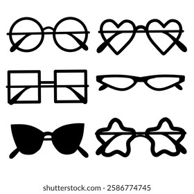 Vector style black glasses icon set featuring six unique frame shapes: round, heart, square, cat eye, rectangular, and star-shaped. Perfect for fashion, accessories, and eyewear designs.