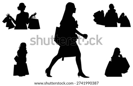 Vector style black silhouettes of stylish women with shopping bags isolated on white showing various shopping behaviors and consumer activity for boutique ads and seasonal sale media