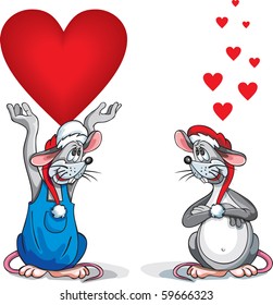 Vector style cartoon rat in red hat present heart with love like a gift to the saint valentine's day or christmas or another holiday