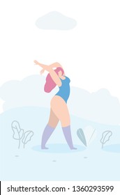Vector Style Cartoon Satisfied Happy Sporty Woman Character in Sportswear Standing in Sensual Position Motivate Flat Banner Template Sport Fitness Wellness Beauty Strength Inspirational Concept