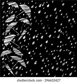 vector style chalk on a blackboard. Umbrellas and rain