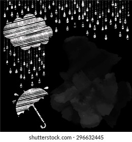 vector style chalk on a blackboard. Umbrellas and rain