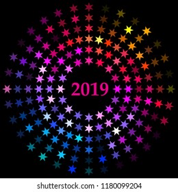 Vector style design of a single radial burst of New Year 2019 designed with stars in flat 

rainbow colors on a black isolated background