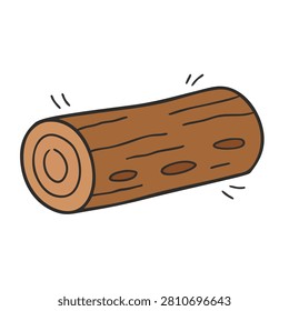 A vector style drawing of a single brown tree trunk log with circular grain rings on the end and knots on the bark surface