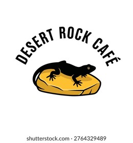 A vector style graphic design logo for Desert Rock Cafe featuring a black lizard illustration sitting on a textured yellow desert rock