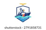A vector style graphic emblem featuring a US Coast Guard patrol cutter sailing on waves inside a shield with an eagle emblem on top.
