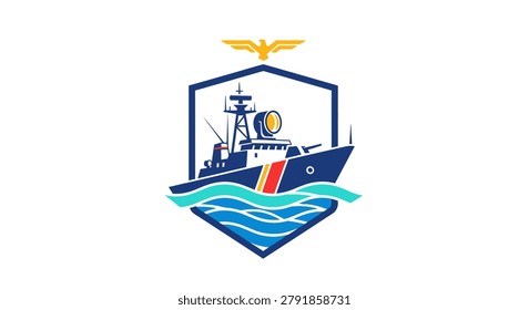 A vector style graphic emblem featuring a US Coast Guard patrol cutter sailing on waves inside a shield with an eagle emblem on top.