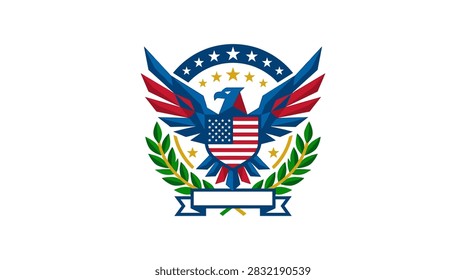 A vector style graphic featuring a bald eagle holding an American flag shield framed by stars and a green laurel wreath with a blank banner for custom text