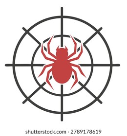 A vector style graphic featuring a red spider centered inside a black circular web crosshair symbol isolated on a white background