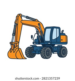 A vector style graphic of a heavy construction machine with large wheels and an orange digging bucket isolated on white background