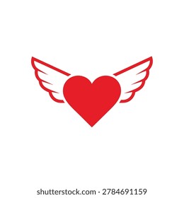 A vector style graphic icon featuring a vibrant red heart centered with stylized white feathered wings spreading outwards on a clean background.