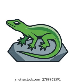 A vector style graphic illustration of a green lizard resting on top of a flat gray rock isolated on a white background.