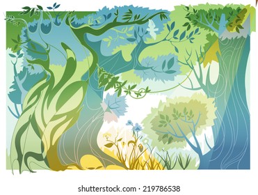 Vector style green forest on white backgroung