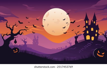 Fondo de Halloween de estilo Vector, aterrador, silueta de color, casa embrujada y cementerio