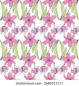 Vetor estilo mão desenho sem costura padrão com lírio coloração plana em roxo, perfeito moderno, projeto de design criativo, limpo, simples e versátil