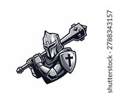 A vector style illustration of a armored medieval knight wearing a helmet and holding a heavy mace over his shoulder with a cross emblem on his shield.