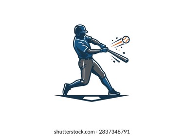 A vector style illustration of a baseball batter swinging a bat and hitting a ball over home plate with motion effects.