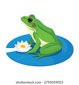 A vector style illustration of a cute green frog perched on a round blue lily pad next to a blooming white water lily flower on a white background