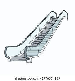 A vector style illustration depicting a single modern escalator with transparent glass sides and metallic handrails isolated on a plain white background.