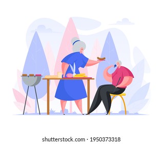 Vector style illustration of elderly lady in dress at table in garden giving grilled sausage to senior husband speaking on phone