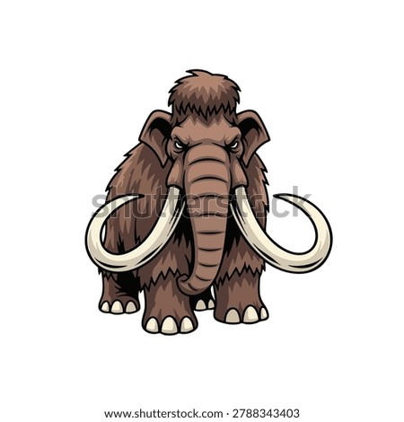 A vector style illustration of a fierce looking brown woolly mammoth standing front facing isolated on a white background